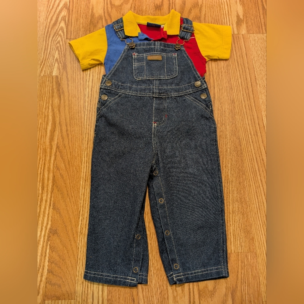 Vintage Kids Denim Overalls Color Block Polo 2T 24 Months